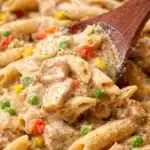 Delicious easy slow cooker chicken pot pie pasta served in a bowl