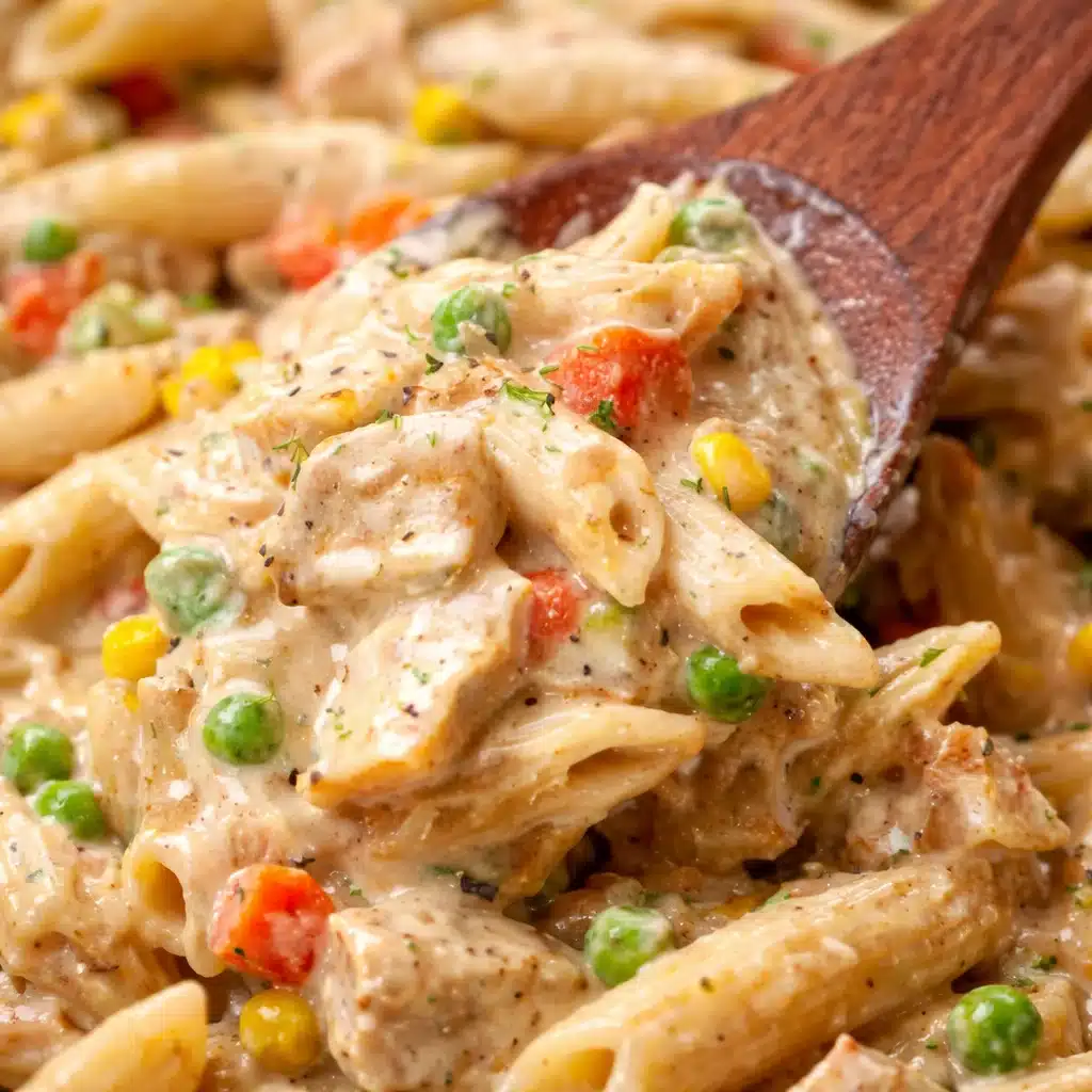 Delicious easy slow cooker chicken pot pie pasta served in a bowl