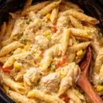 Easy slow cooker chicken pot pie pasta in a bowl, perfect for weeknight dinner