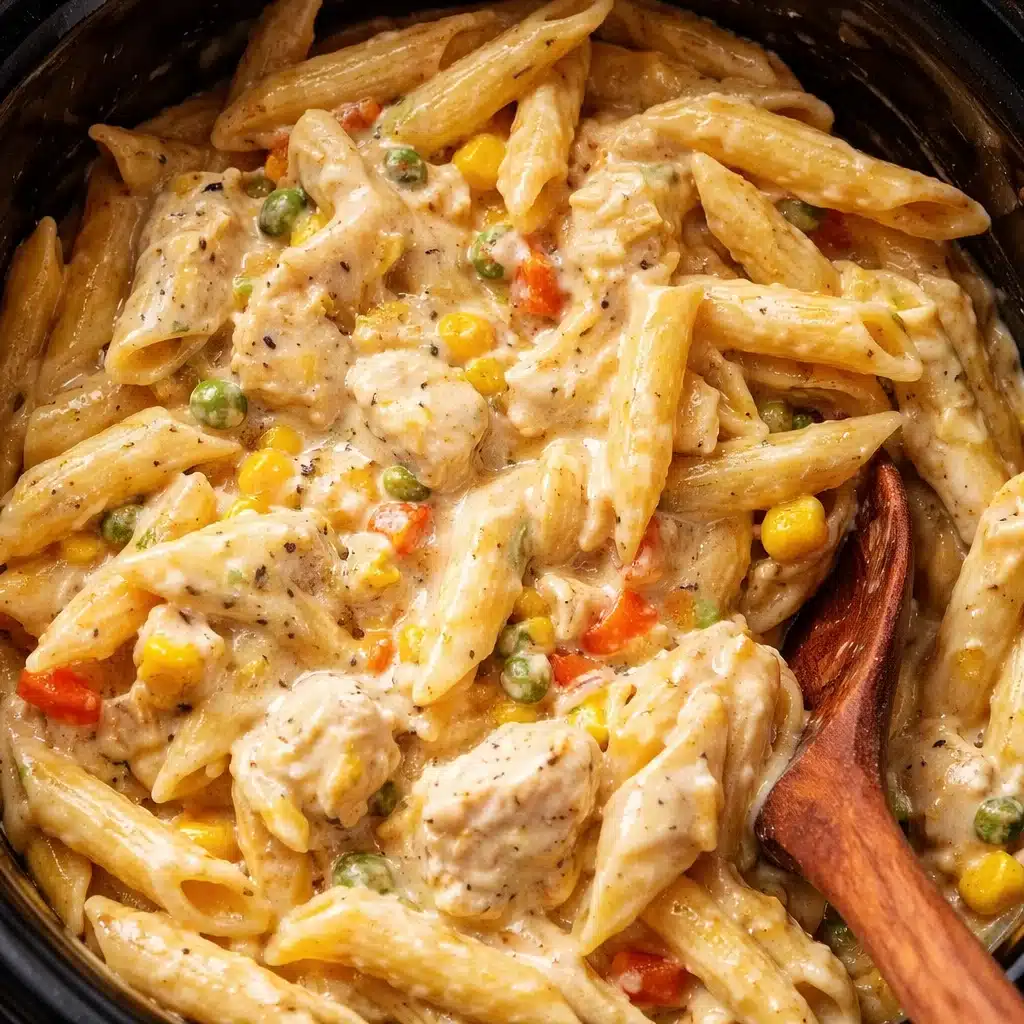 Easy slow cooker chicken pot pie pasta in a bowl, perfect for weeknight dinner